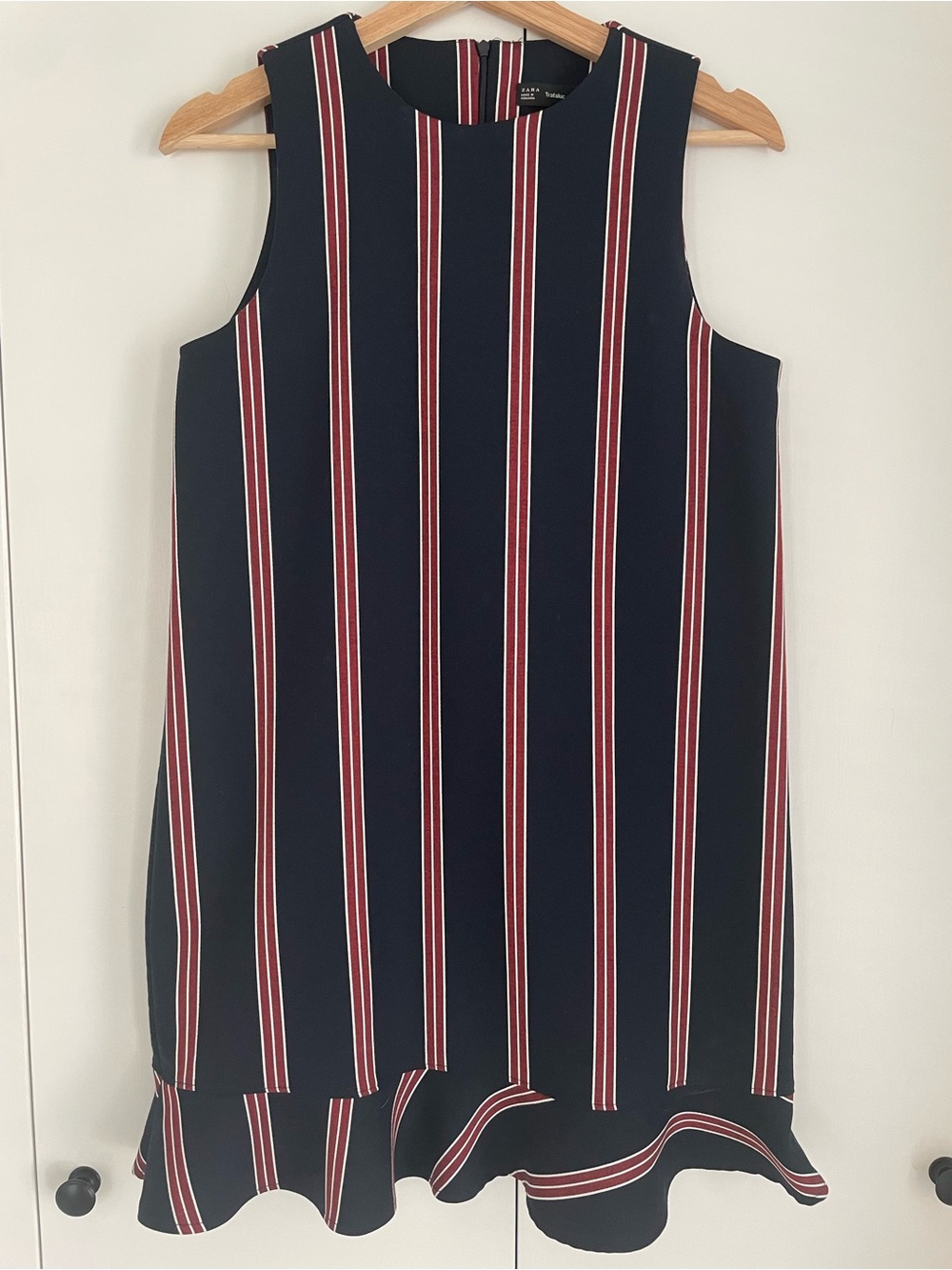 Zara Striped Ruffle Shift Dress Navy Blue Burgundy Preppy Mod Pleated Hem S
